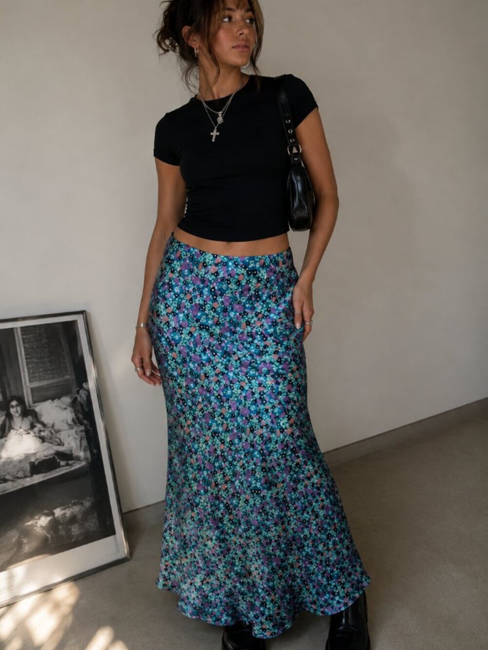 On 34th Women’s Maxi Skirt Size L – Multicolor Floral Print, Satin Finish